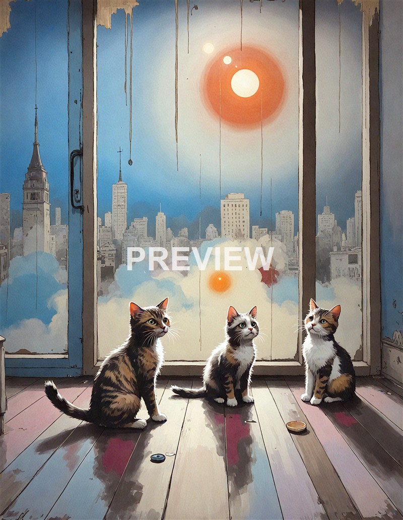 Three cats sit on a wooden floor inside an abandoned building, looking out through a large, broken window at a surreal cityscape with multiple suns and floating clouds.